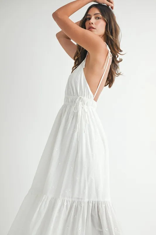 MABLE Eyelet Lace Maxi Dress with Side Strap Details.