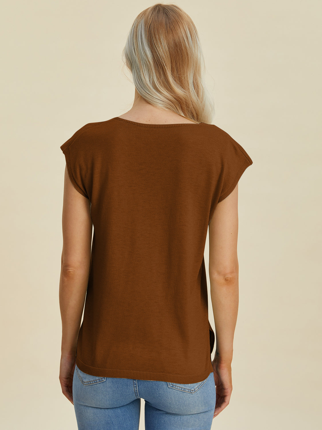 Double Take Full Size Notched Cap Sleeve Knit Top.