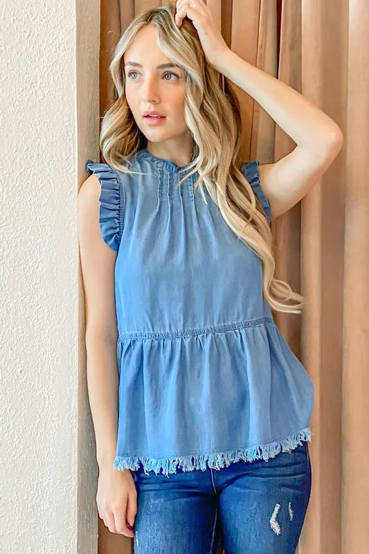 And The Why Chambray Ruffle Sleeveless Top.