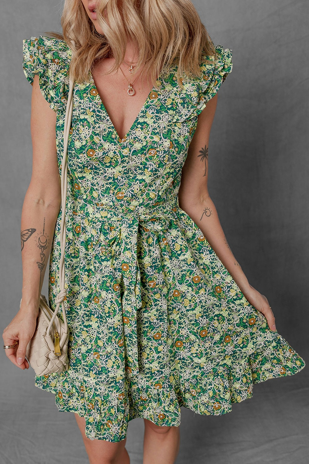Romantic Floral Flutter Sleeve V-Neck Mini Dress - Garden Party Perfection.