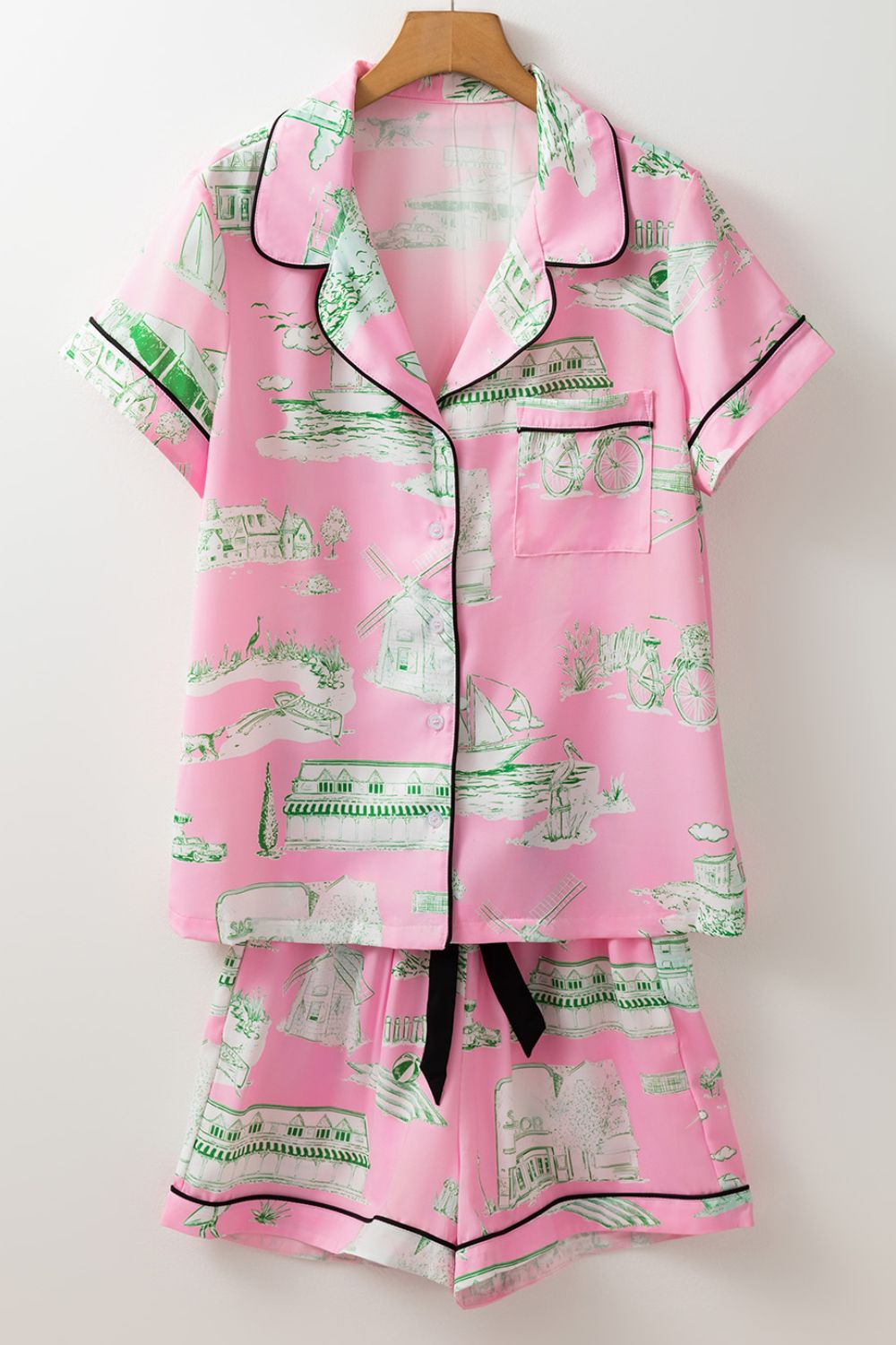 Collared Neck Printed Top and Drawstring Shorts Lounge Set.