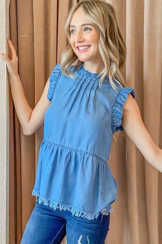 And The Why Chambray Ruffle Sleeveless Top.