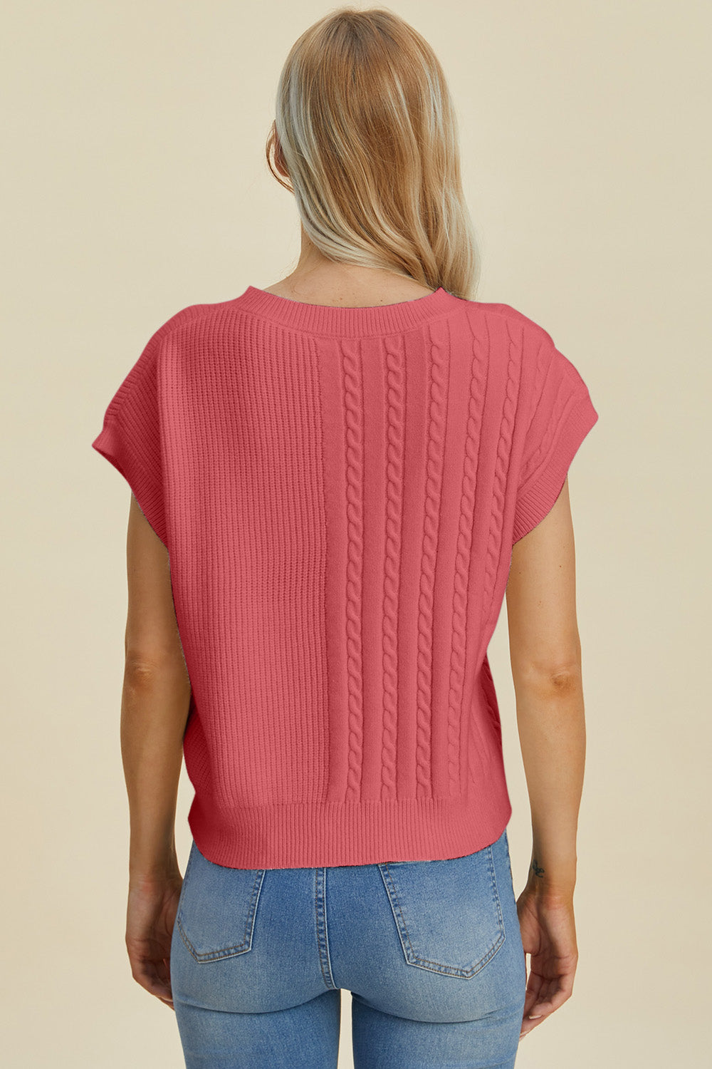 Double Take Full Size Cable-Knit Round Neck Short Sleeve Sweater.