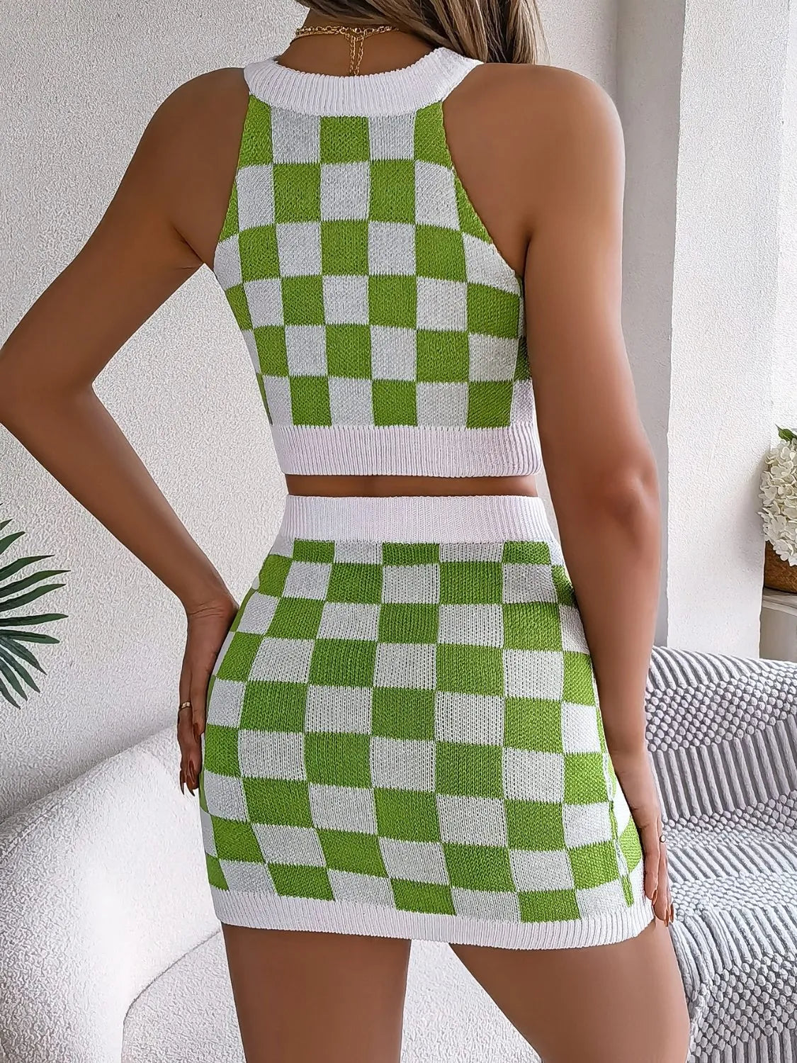 Checkered Grecian Neck Cami and Skirt Sweater Set.