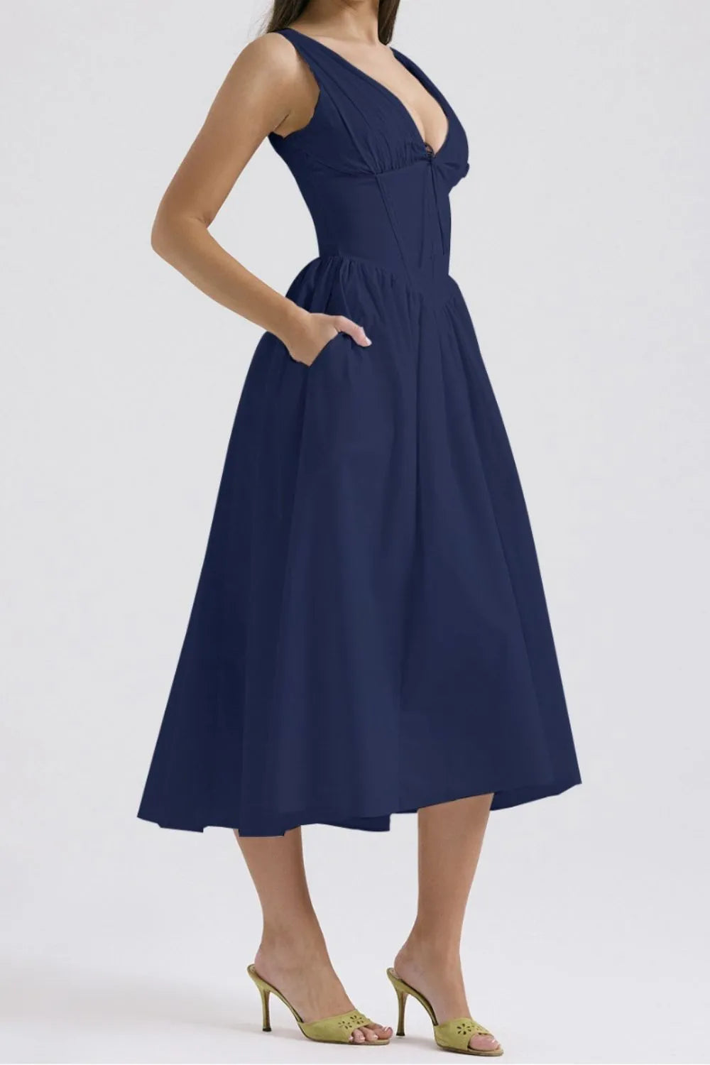 Ruched V-Neck Dress with Pockets.