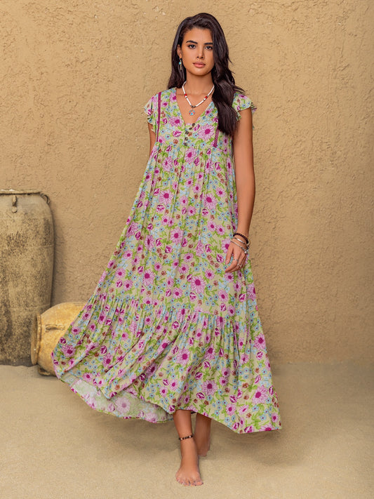 Floral Ruffled Cap Sleeve Tiered Dress.