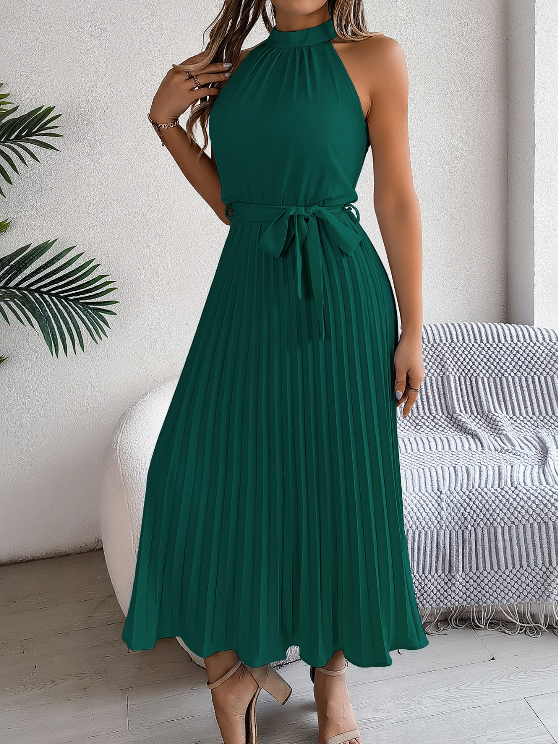 Grecian Neck, Tie Waist, Pleated Dress.