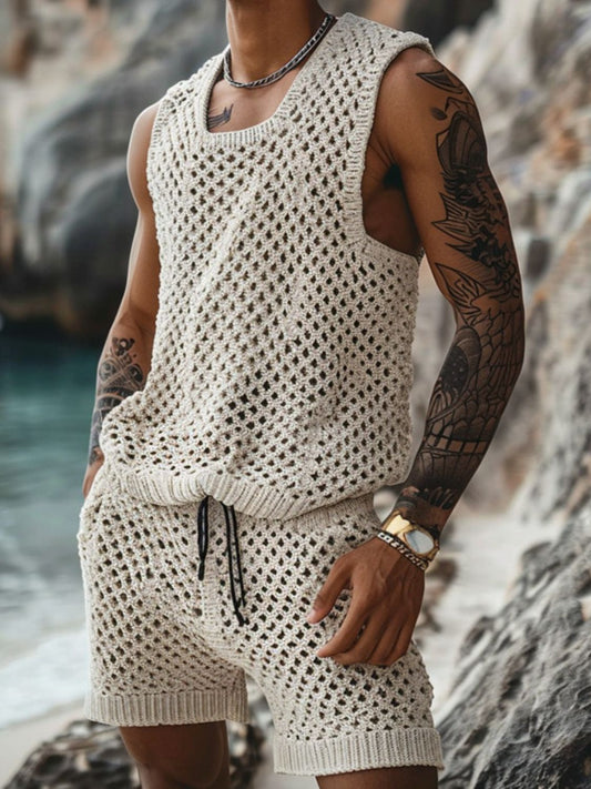 Men's Stylish Hollow Out Tank and Shorts Set - Plus Size Comfort.