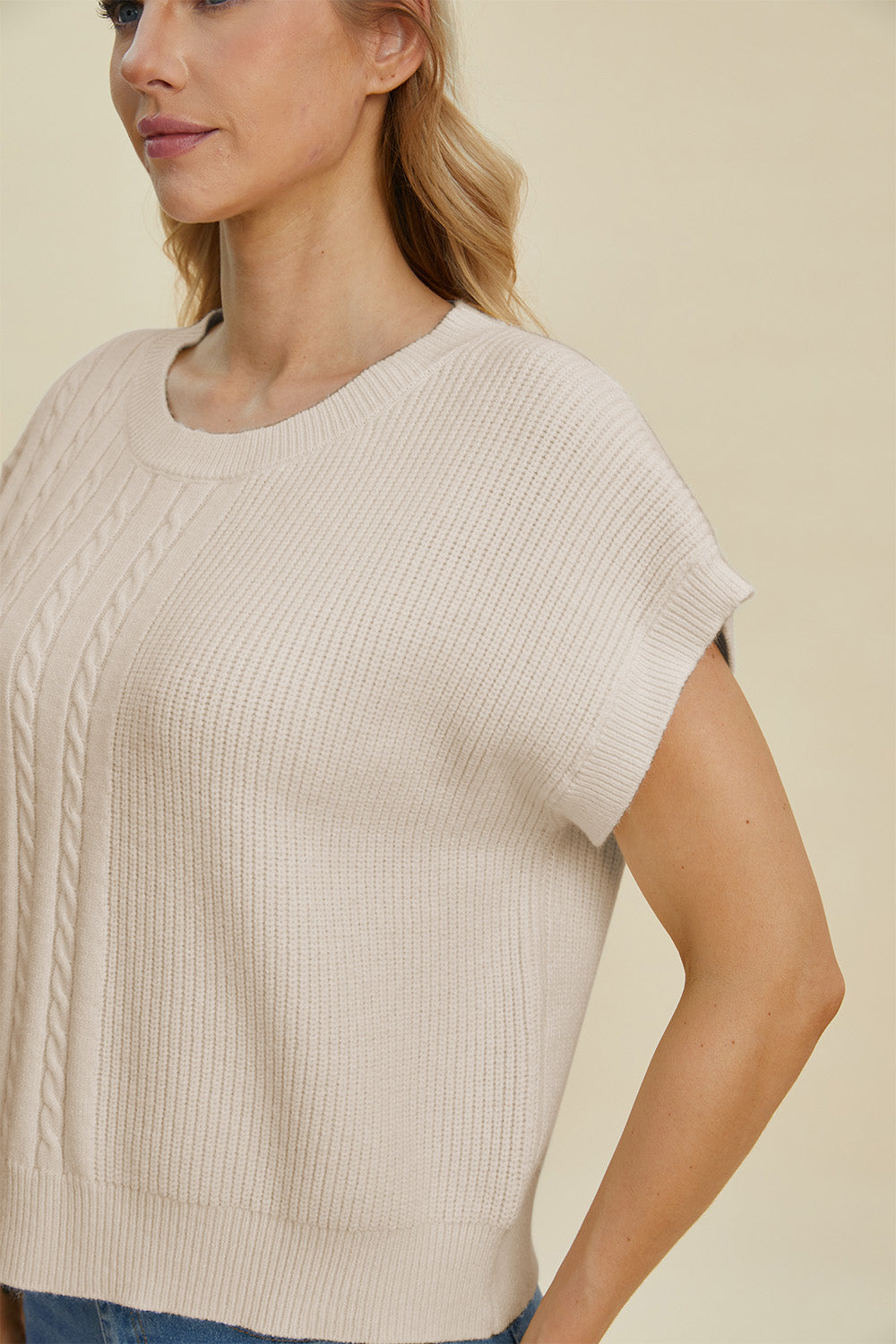 Double Take Full Size Cable-Knit Round Neck Short Sleeve Sweater.