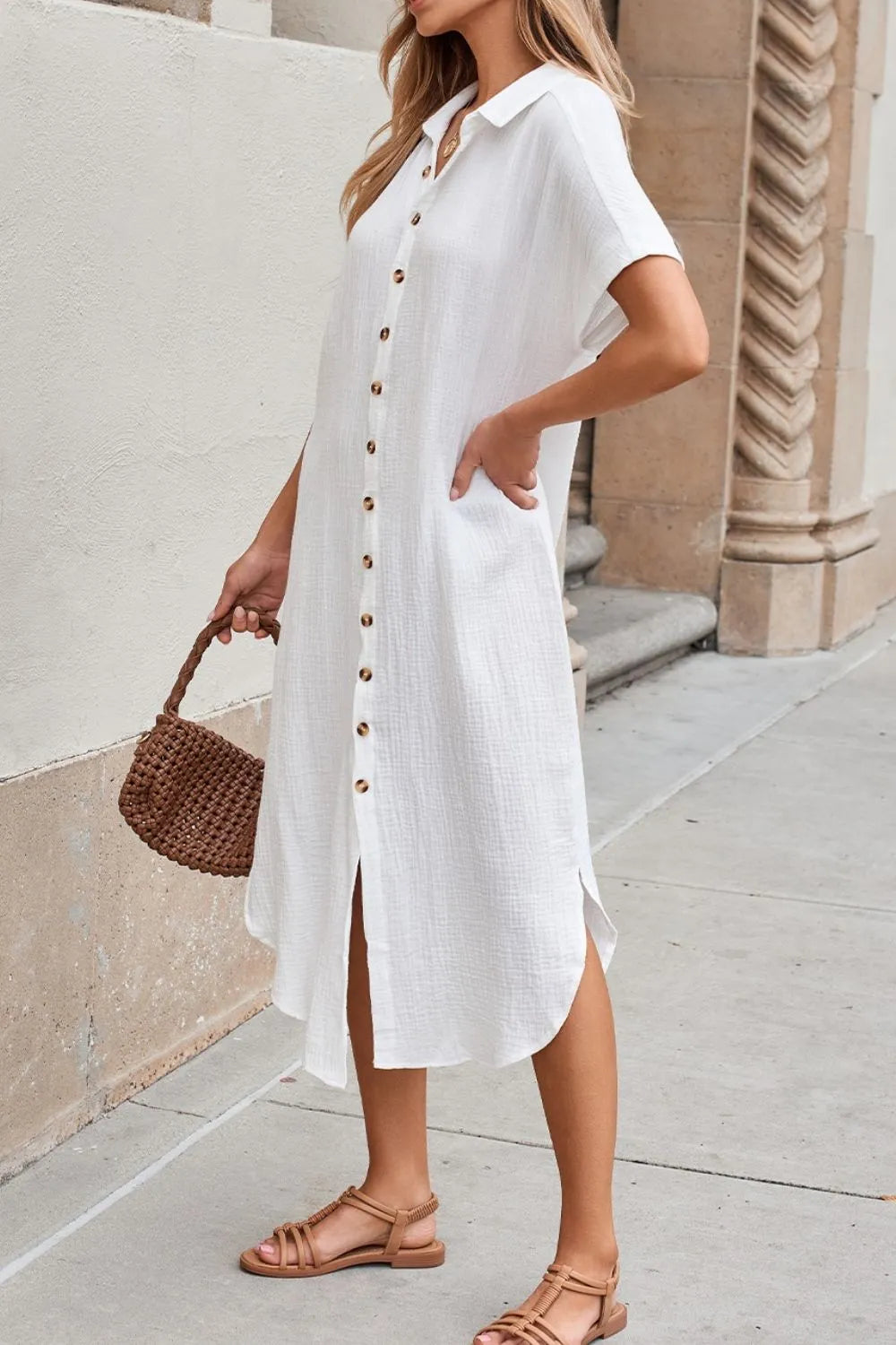 Effortlessly Chic - Button Down Short Sleeve Midi Shirt Dress.