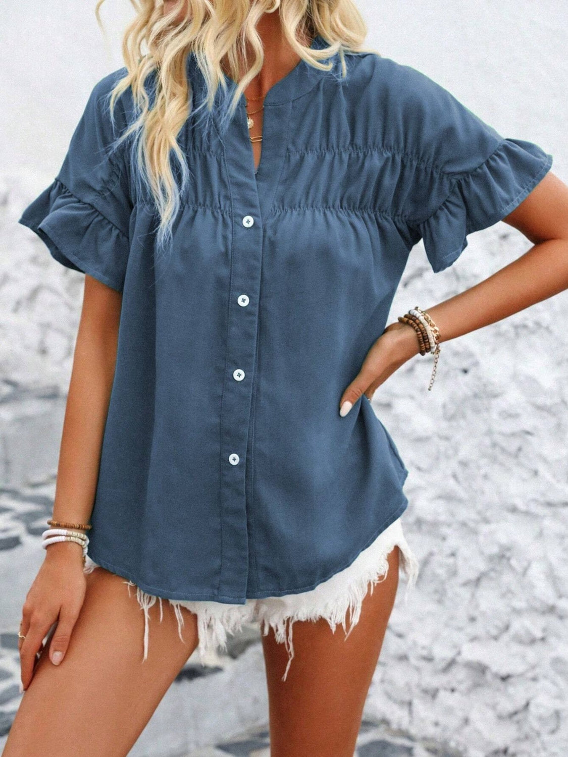 Elegant Button Down Ruffled Short Sleeve Shirt - Versatile Fashion Essential.