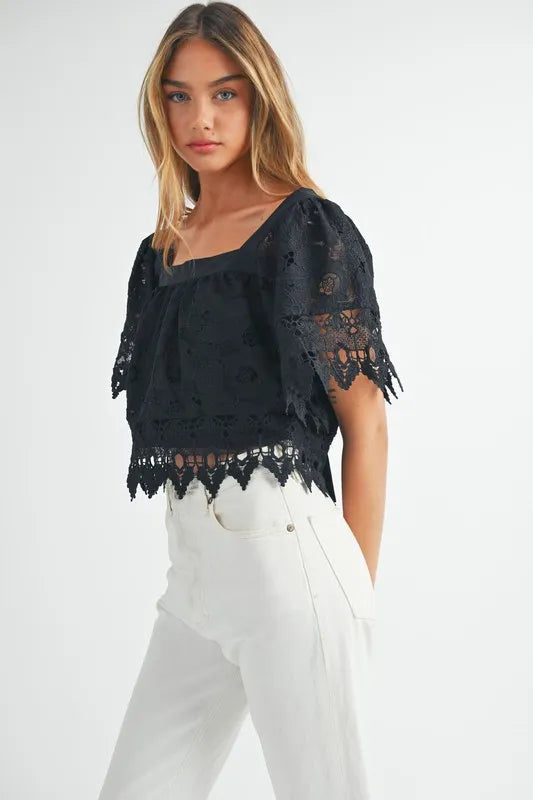 MABLE Square Neck Crochet Lace Top With Double Bow Tie.