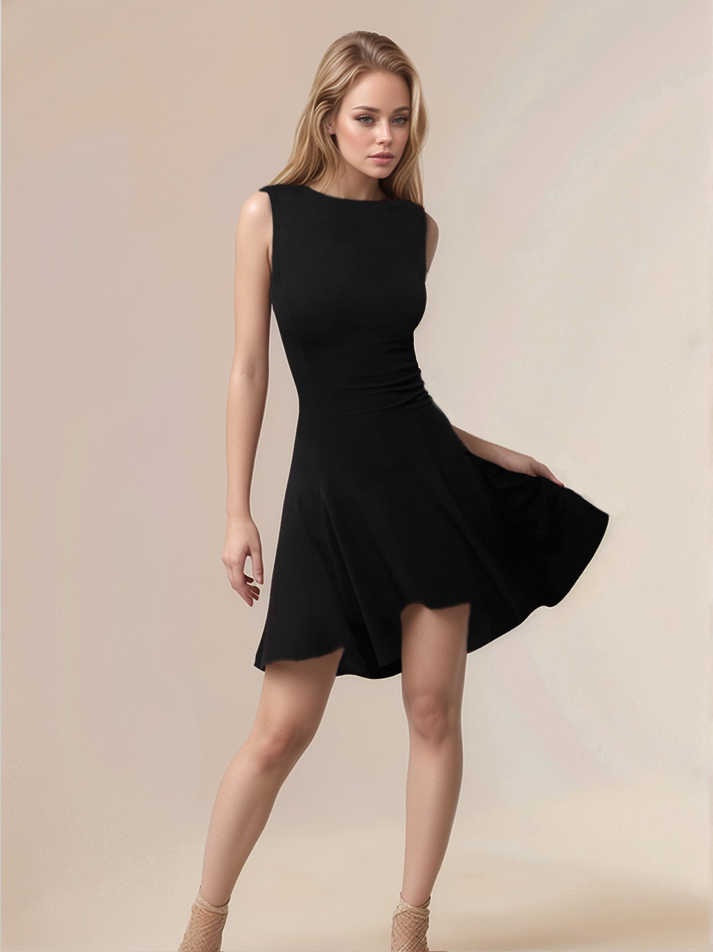 High-Low Round Neck Sleeveless Mini Dress.