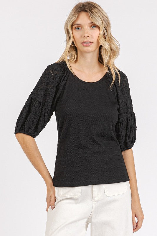 Mittoshop Mixed Media Textured Knit Popcorn Puff Sleeve Blouse.
