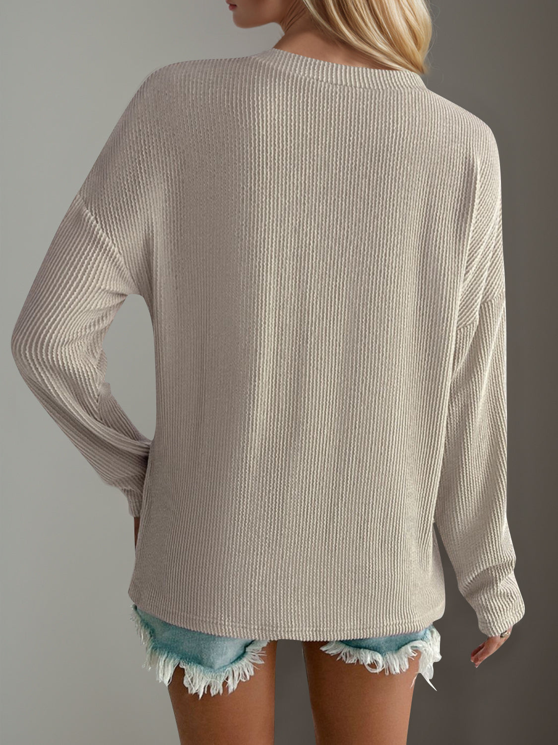 Double Take Pocketed Textured V-Neck Long Sleeve T-Shirt.
