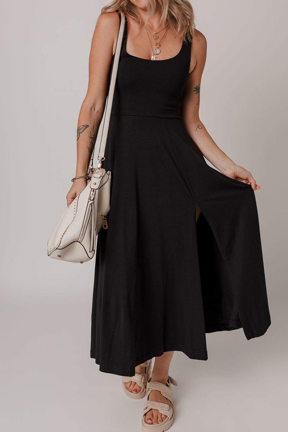 Side Slit Scoop Neck Wide Strap Dress.