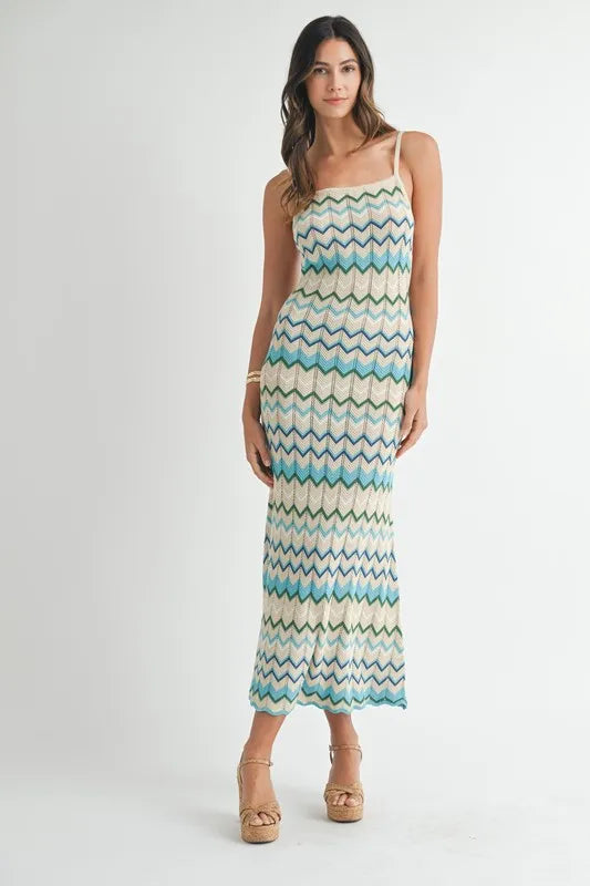 MABLE Lightweight Pointelle Chevron Knit Maxi Dress.