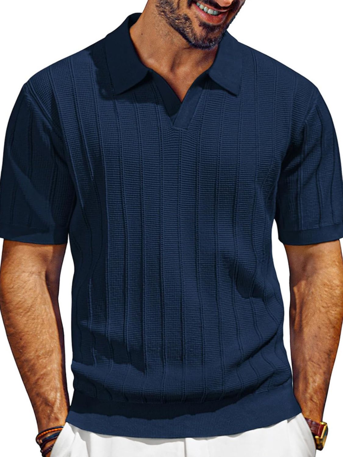 Men's Textured Collared Neck Short Sleeve Polo - Plus Size.