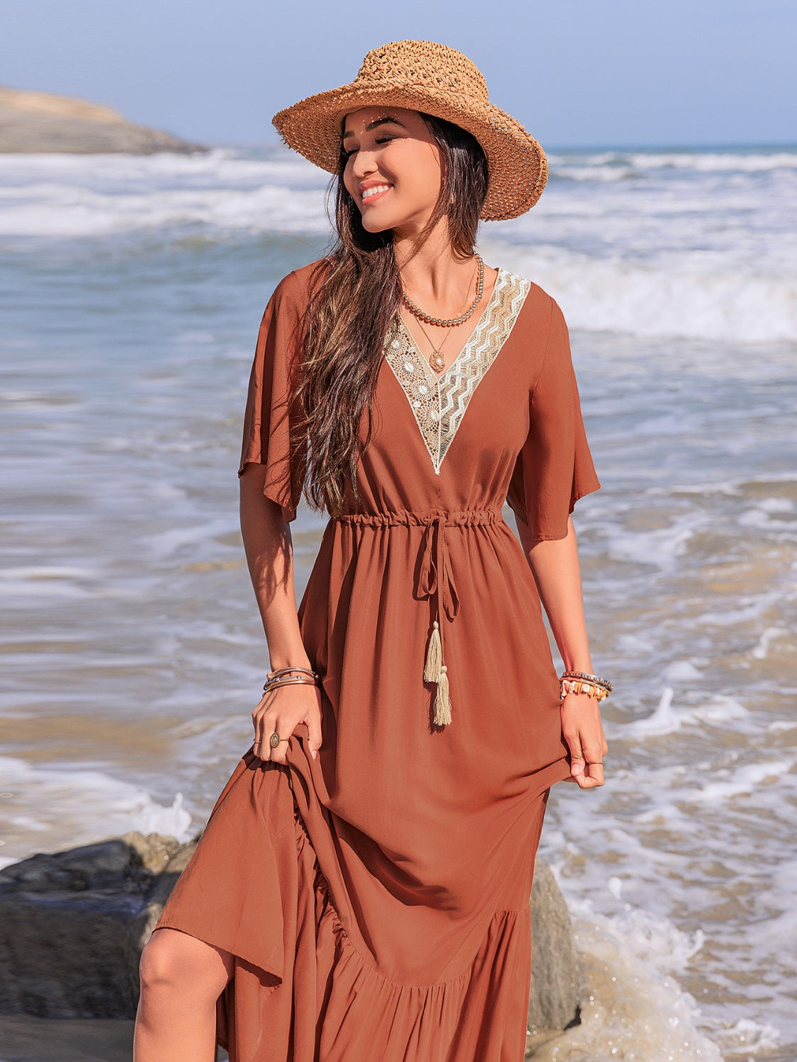 Ruffled Tassel V-Neck Flutter Sleeve Dress.
