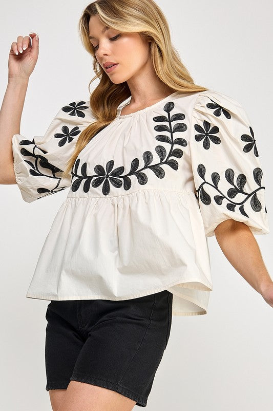 SAGE+FIG Puff-Sleeve Embroidered Peplum Blouse.