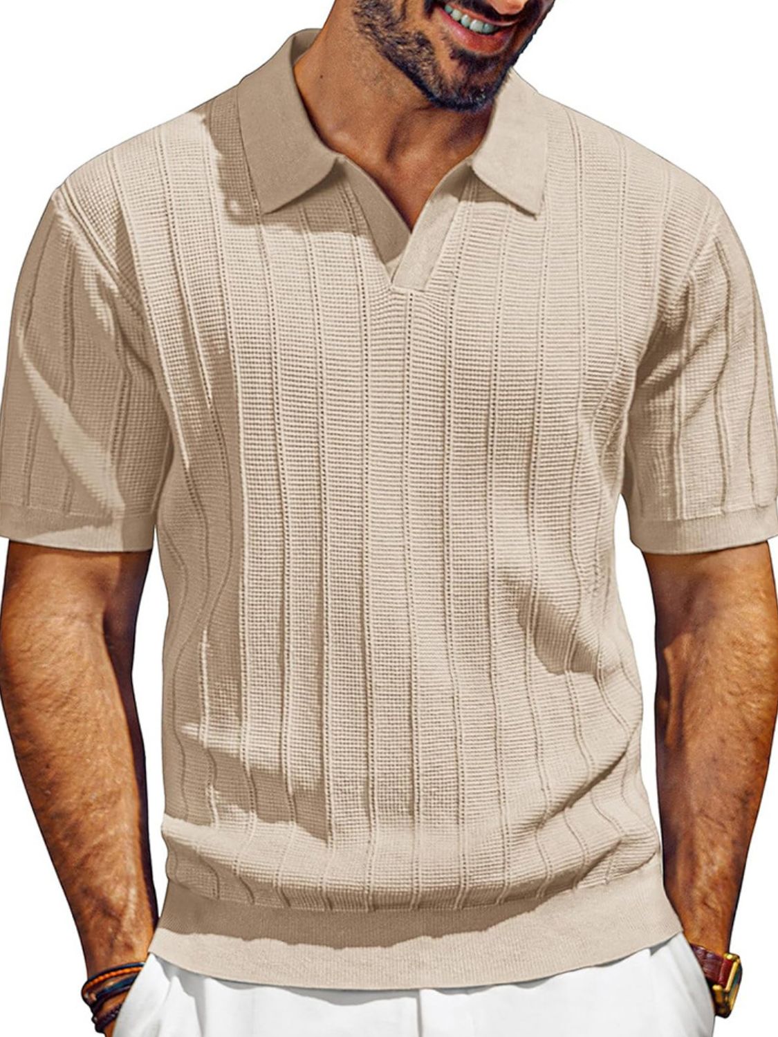 Men's Textured Collared Neck Short Sleeve Polo - Plus Size.