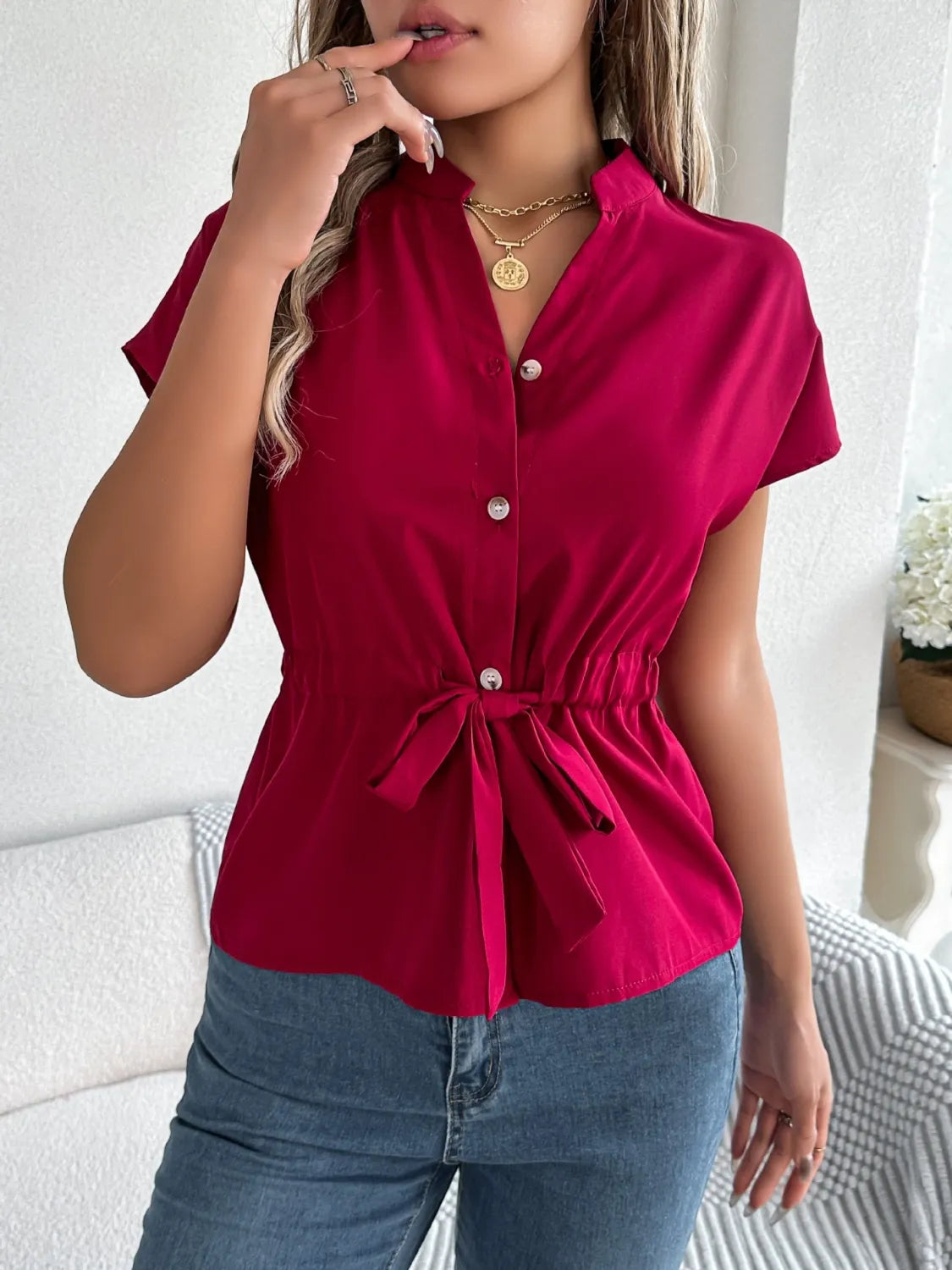 Savvy Notched Short Sleeve Blouse.