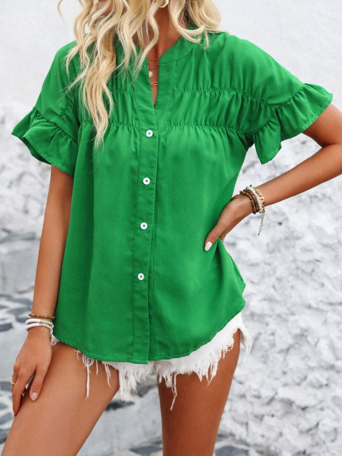 Elegant Button Down Ruffled Short Sleeve Shirt - Versatile Fashion Essential.