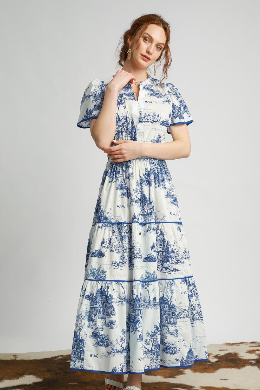 Umgee Full Size Landscape Print Short Sleeve Tiered Maxi Dress Plus Size.