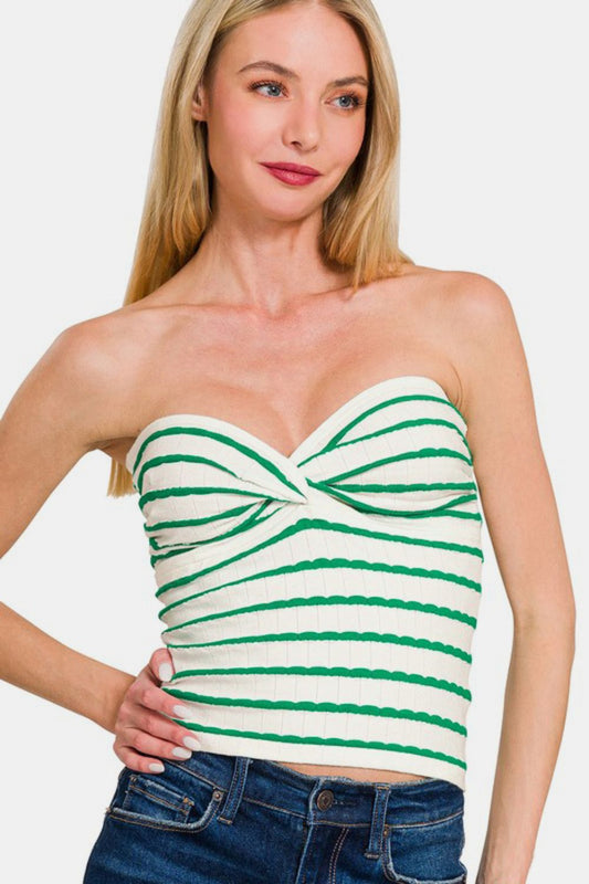Zenana Twisted Sweetheart Neck Striped Tube Top.
