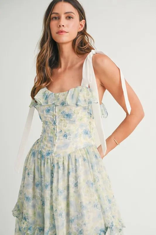 MABLE Floral Printed Shoulder Strap Midi Dress.
