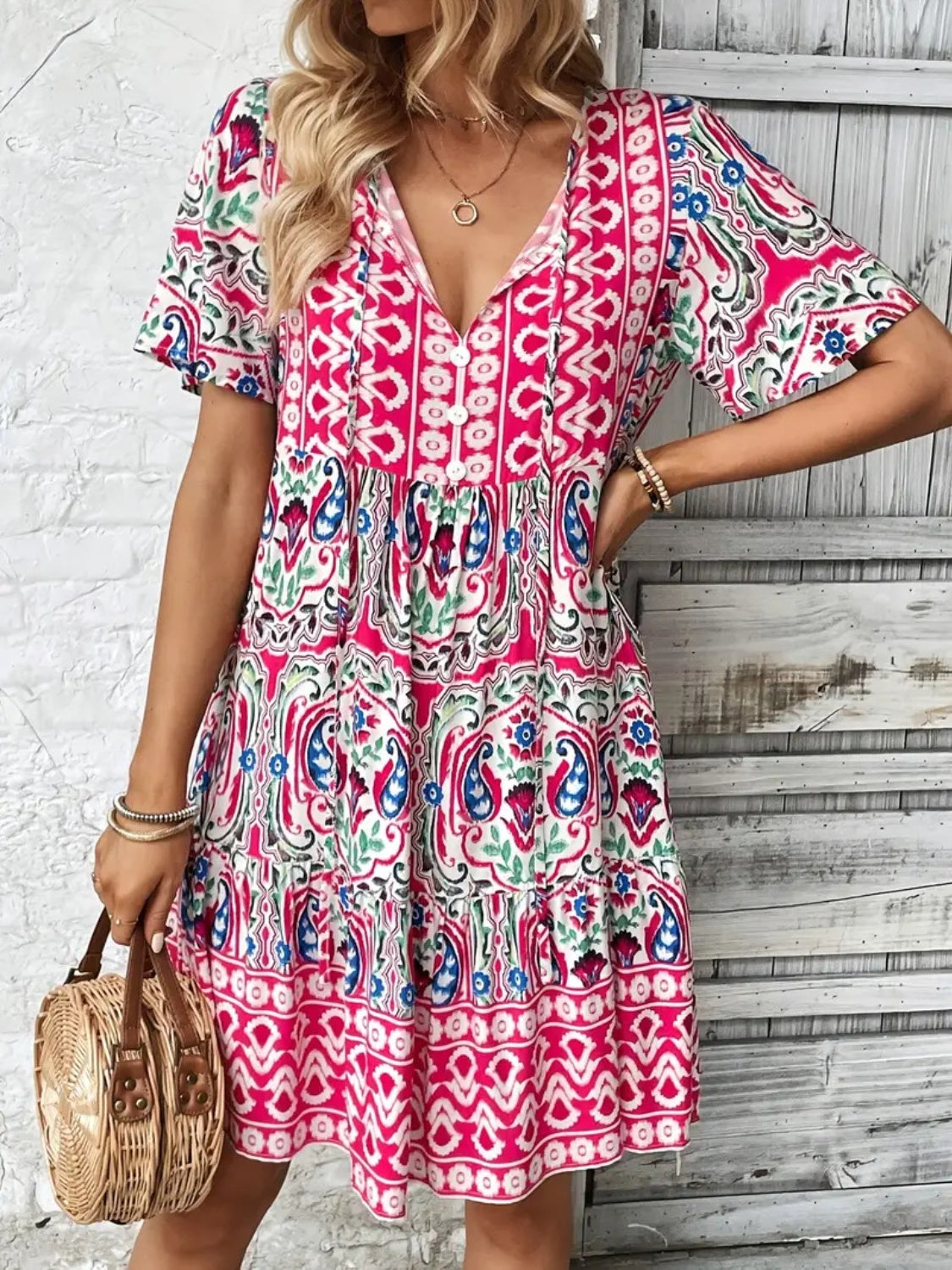Printed Tie Neck Short Sleeve Dress.