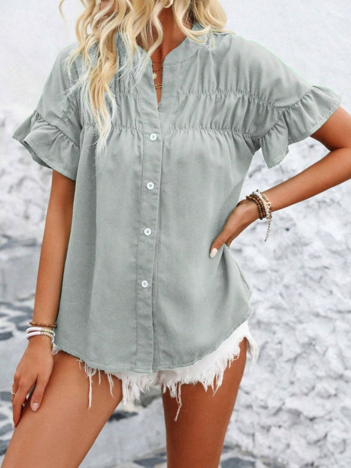 Elegant Button Down Ruffled Short Sleeve Shirt - Versatile Fashion Essential.