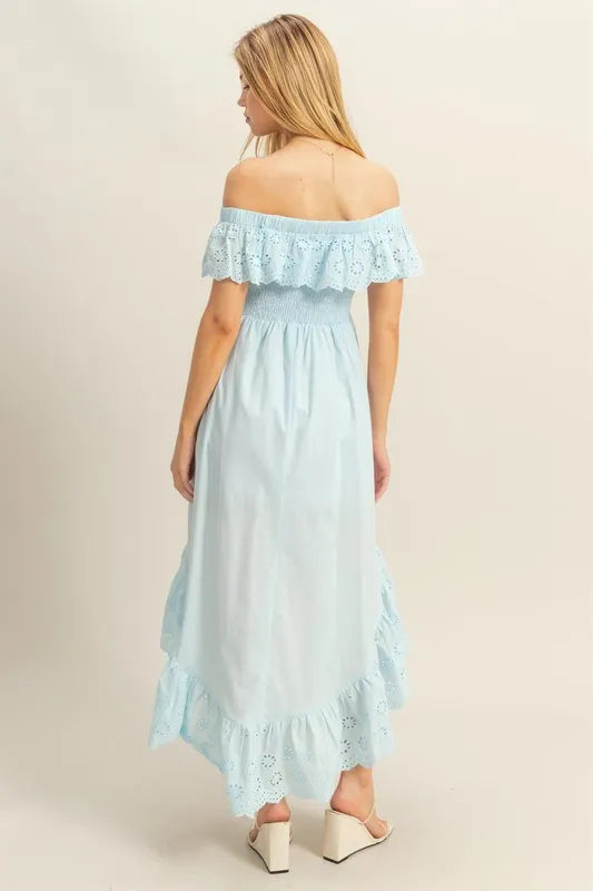 HYFVE High-Low Eyelet Ruffled Off-Shoulder Dress.