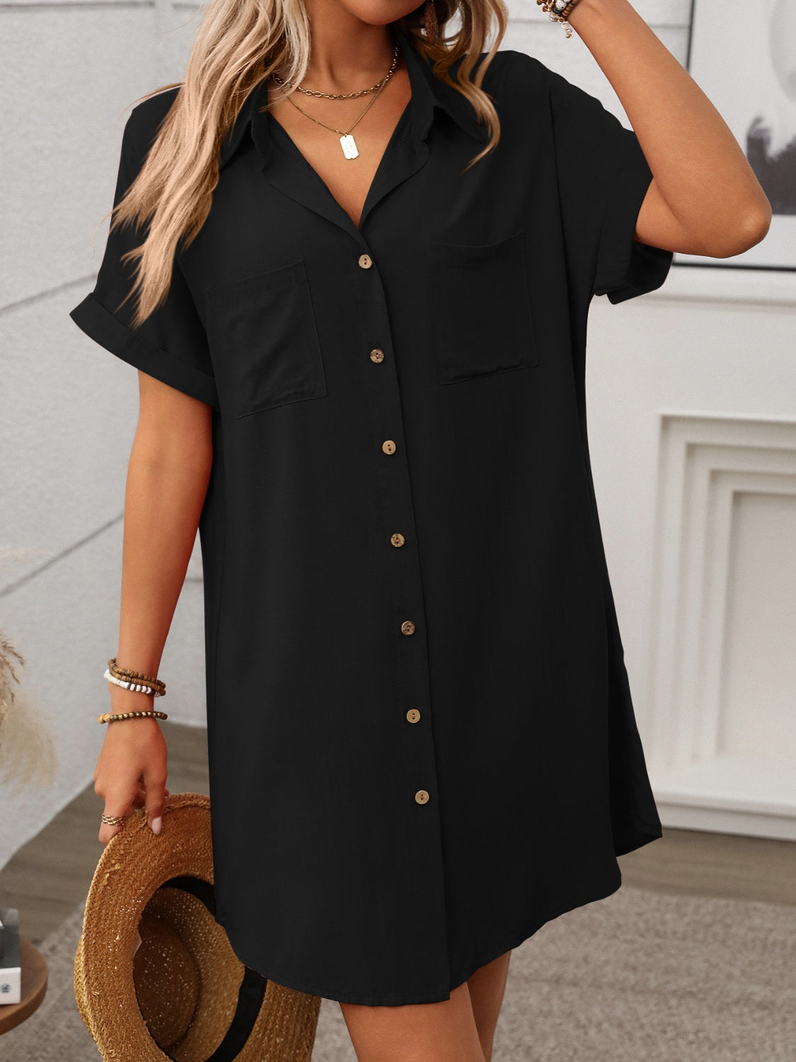 Button Down Short Sleeve Mini Dress.