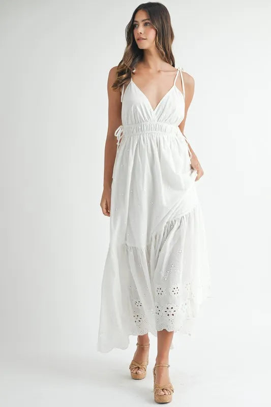 MABLE Eyelet Lace Maxi Dress with Side Strap Details.