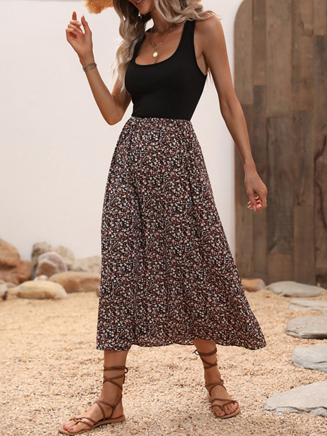 Scoop Neck Wide Strap Printed Dress.