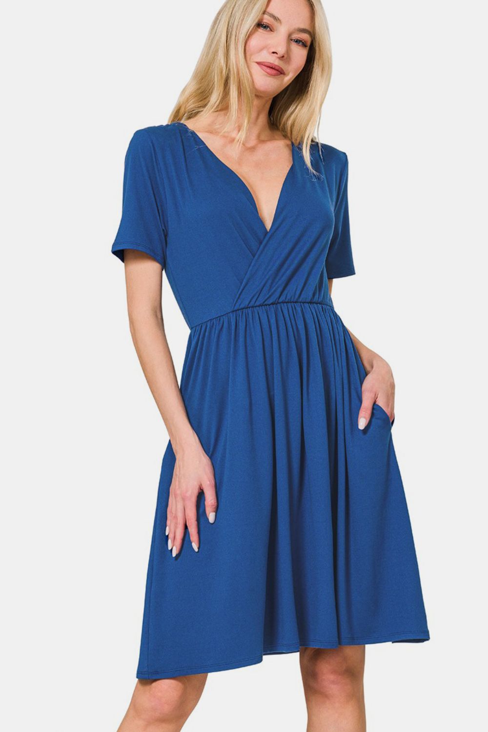 Zenana Surplice Short Sleeve Brushed DTY Dress.