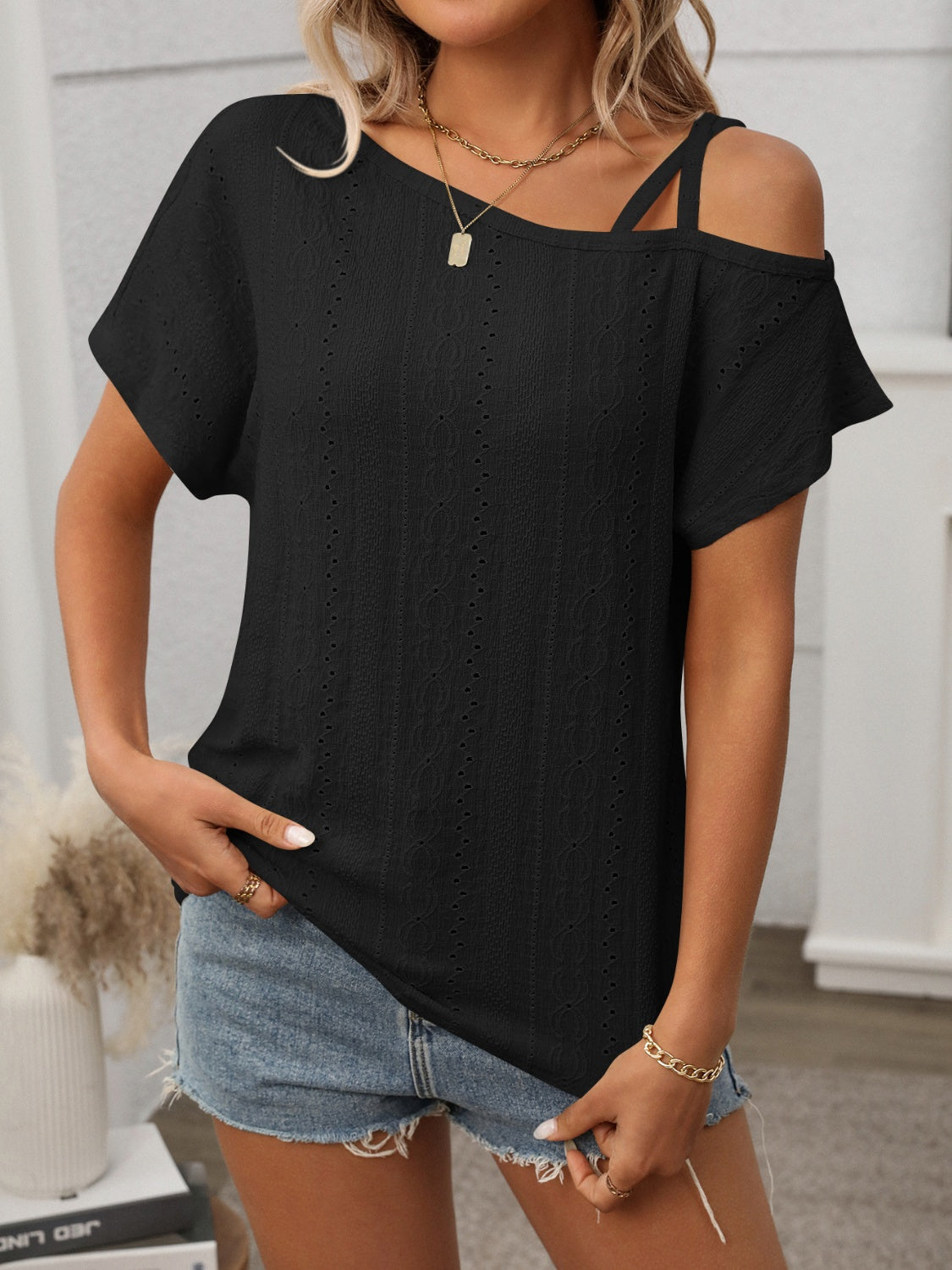 Chic Eyelet Asymmetrical Shoulder Short Sleeve T-Shirt - Unique Fashion Statement.