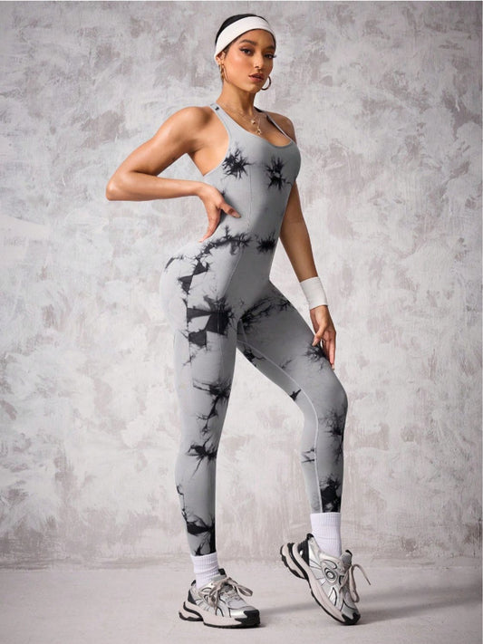 Back Crisscross Tie-Dye Scoop Neck Active Jumpsuit.