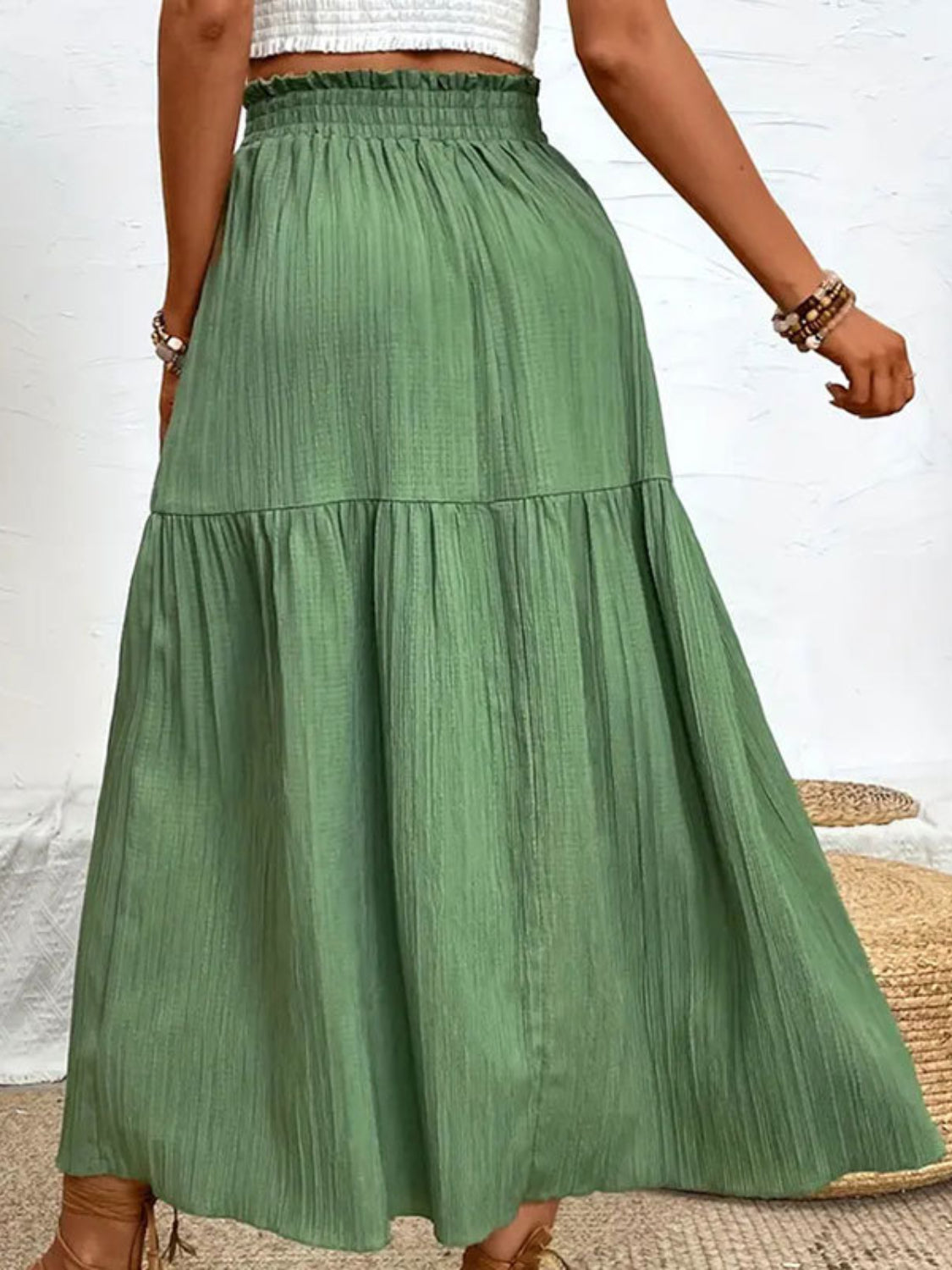 Elegant Frill Detail Midi Skirt with Side Slit.