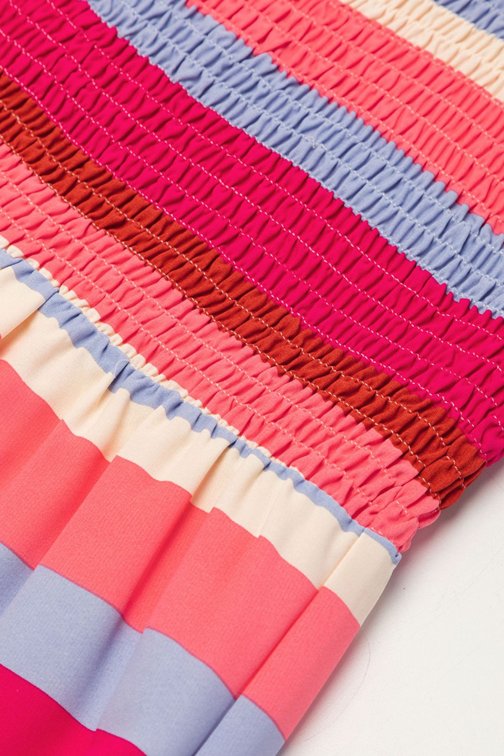 Contrast Stripe Wide Strap Smocked Tiered Dress.