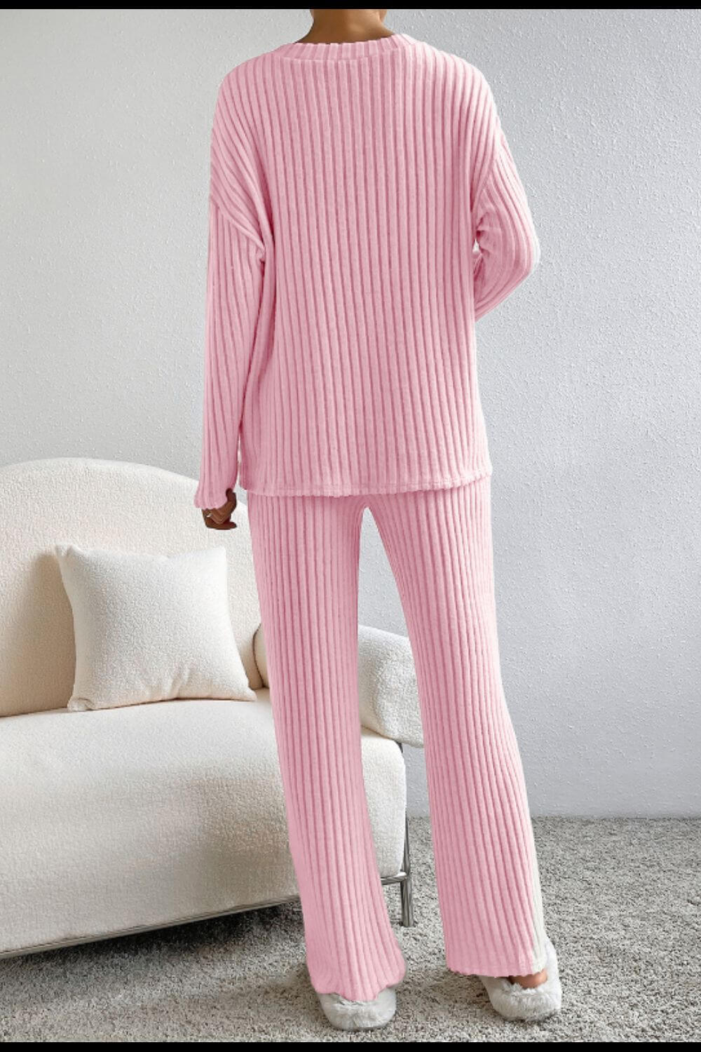 Cozy Ribbed V-Neck Top and Pants Lounge Set.