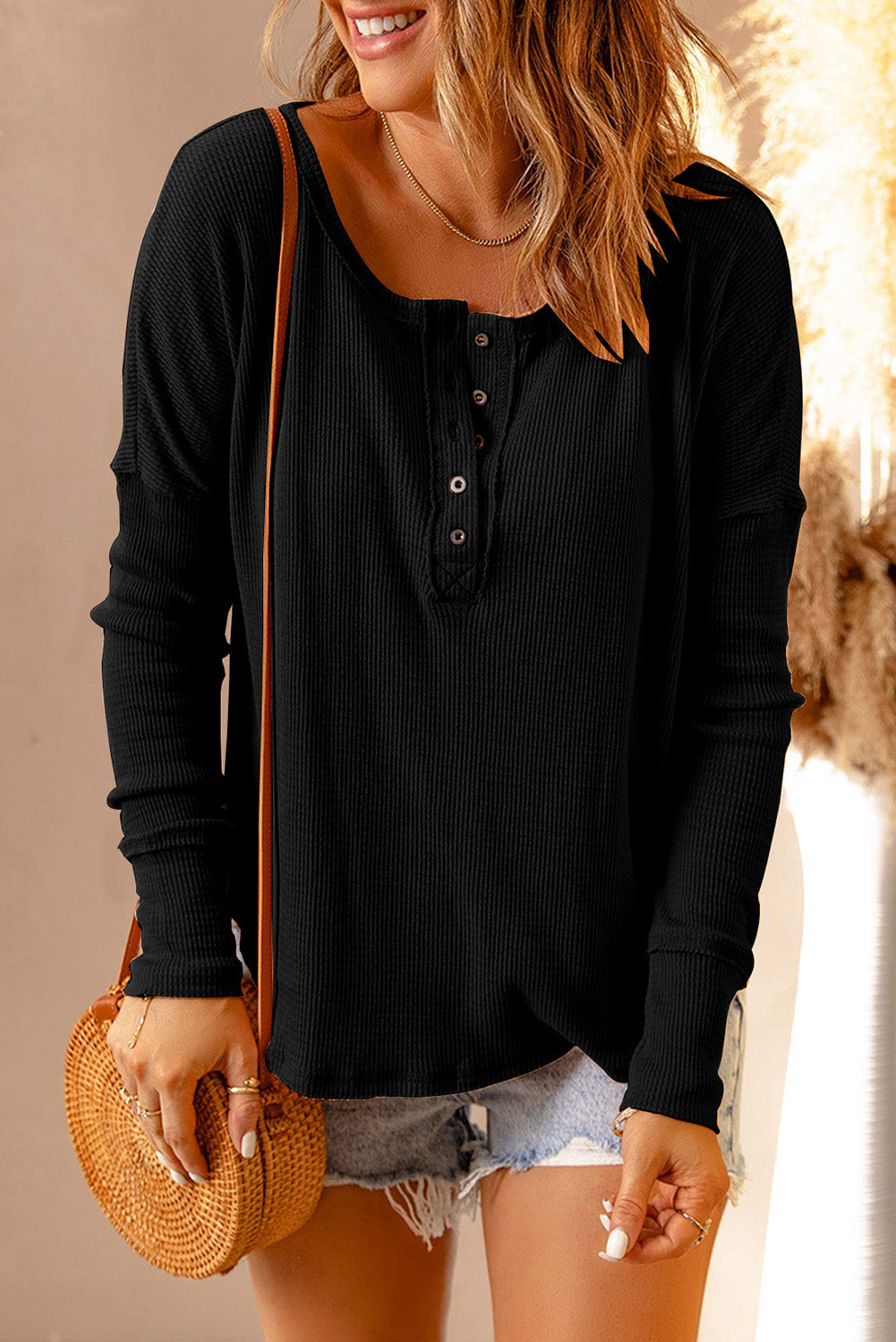 Double Take Full Size Half Button Drop Shoulder T-Shirt.