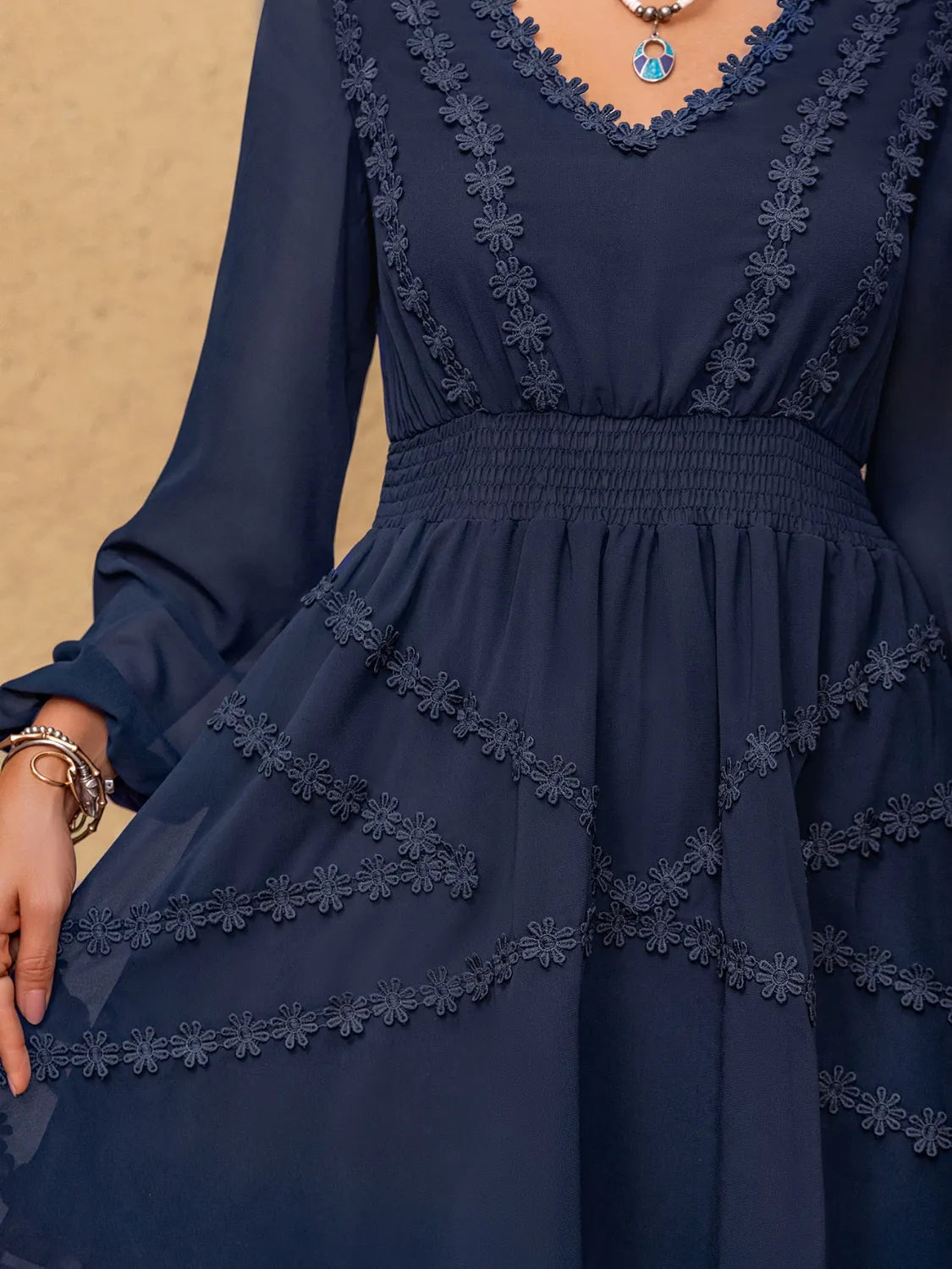 Enchanting Lace Detail V-Neck Balloon Sleeve Mini Dress.