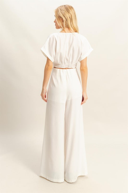 HYFVE Twisted Front Short Sleeve Top and Wide Leg Pants Set.