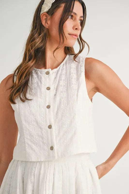 MABLE Eyelet Lace Top and Mini Skirt Set.