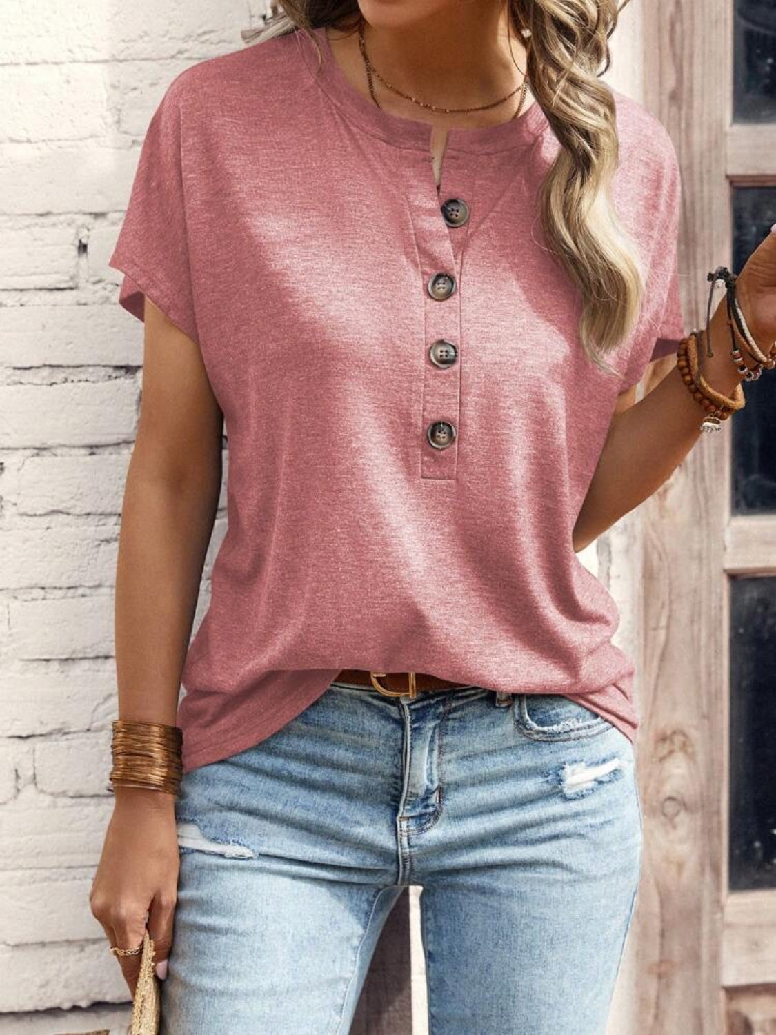 Stylish Half Button Short Sleeve Top.