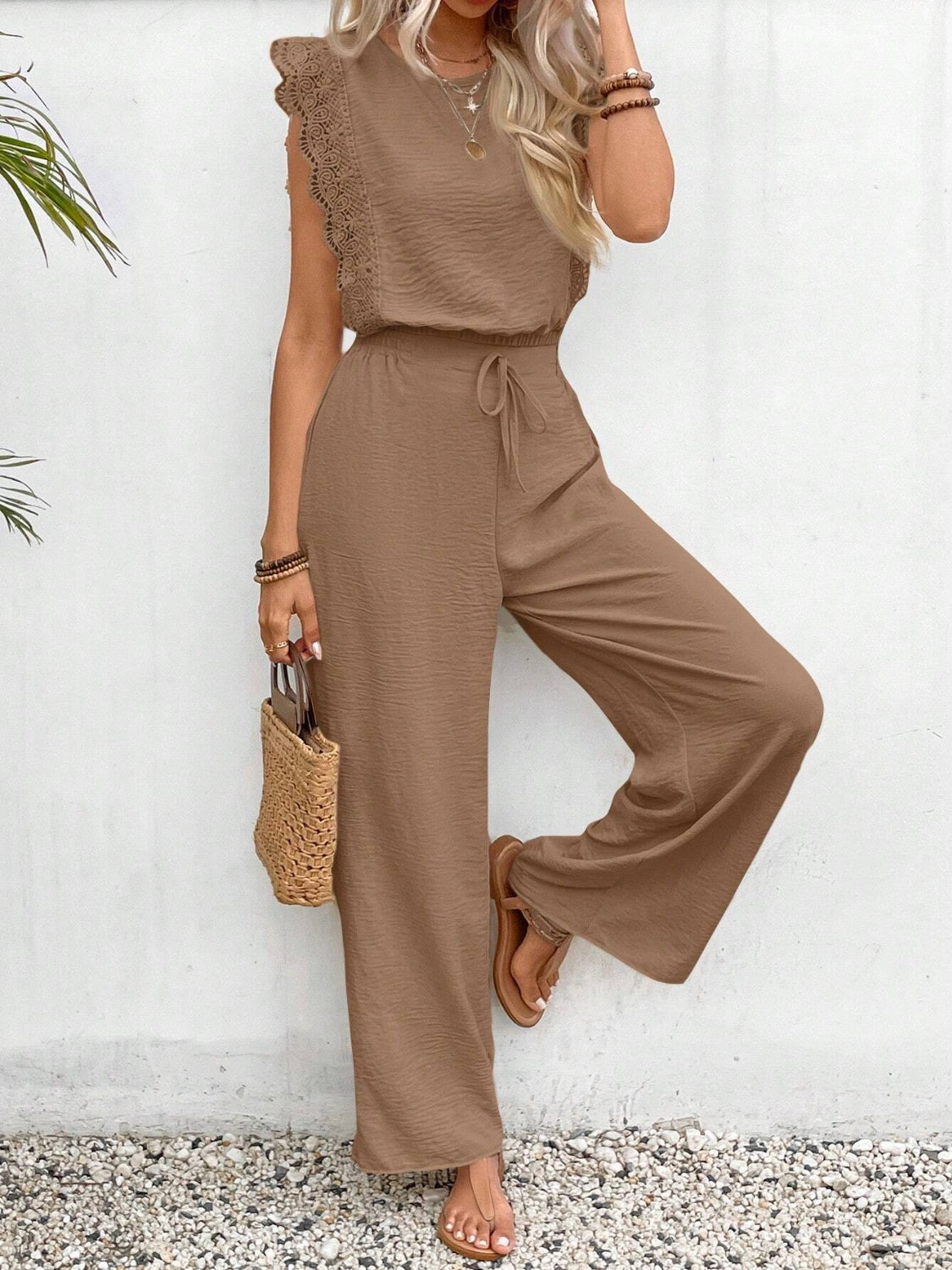 Elegant Lace Trim Round Neck Top and Pants Set - Refined Comfort.