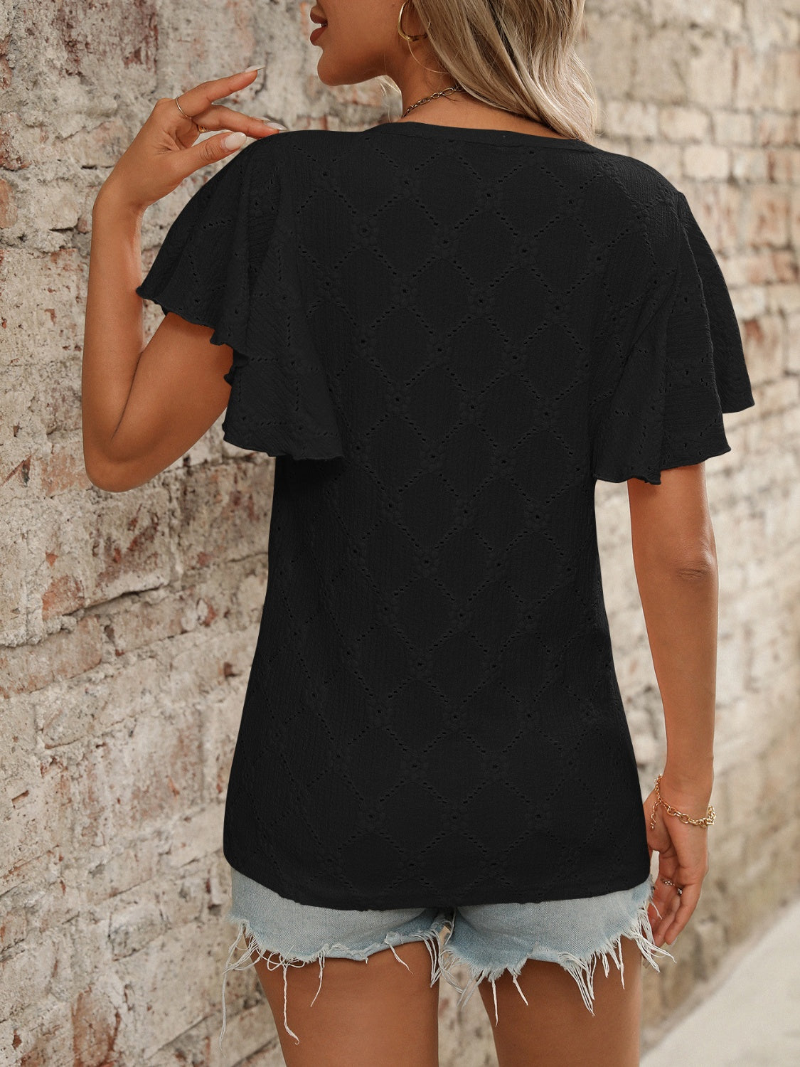 Eyelet Round Neck Flutter Sleeve Top.