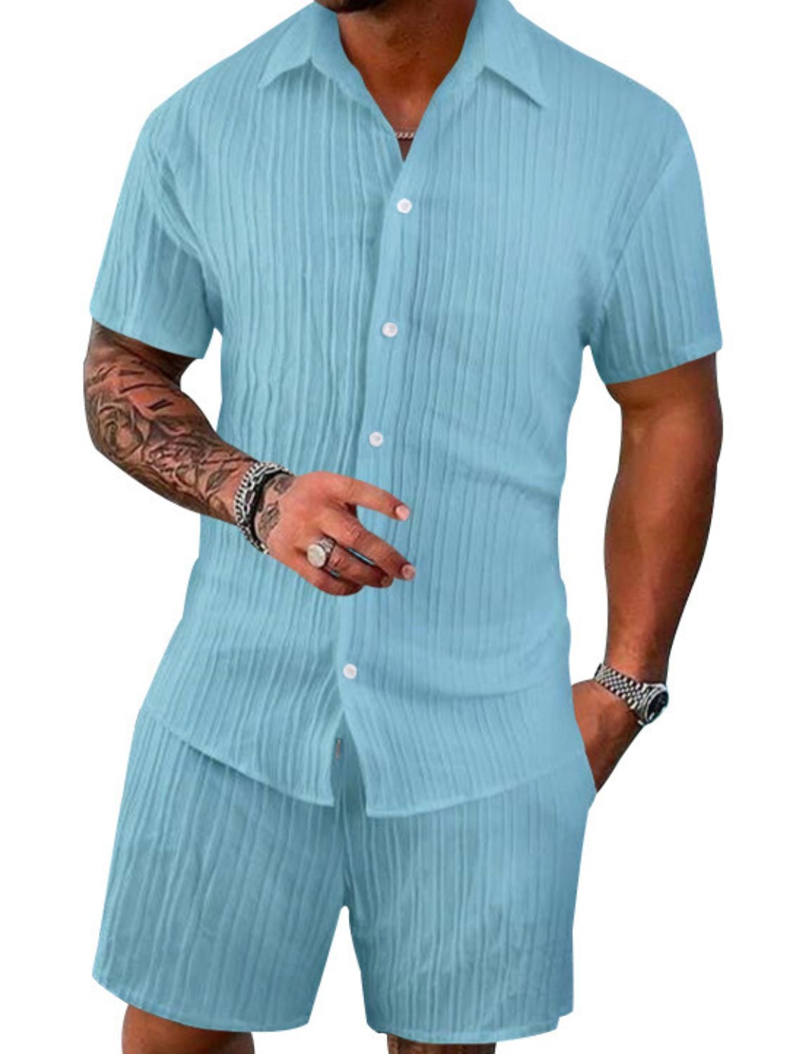 Men's Stylish Button Down Shirt & Shorts Set - Plus Size.